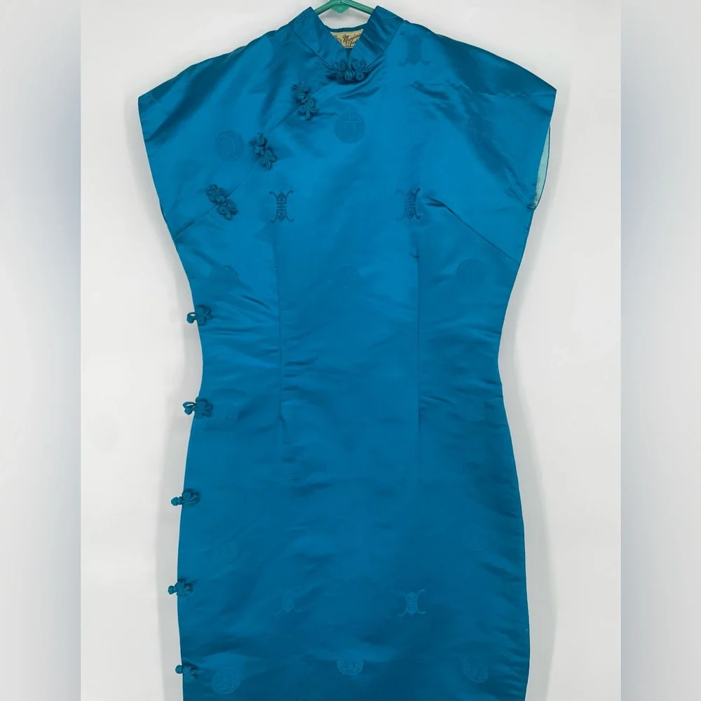 VTG 1960s Mandarin Fashions Aqua Blue Maxi Length Mid Century Cheongsam Dress - Picture 4 of 14